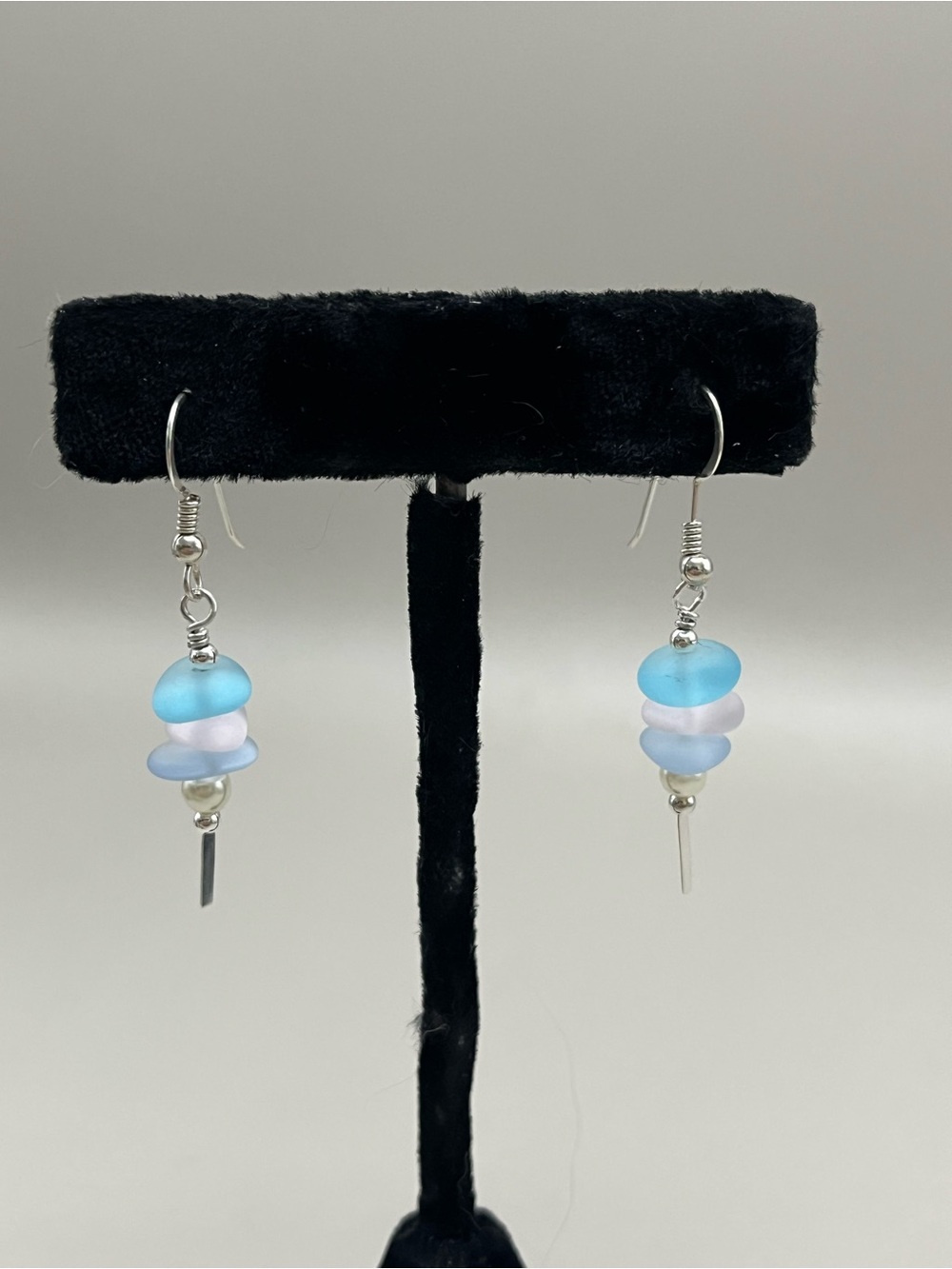Handmade Sterling Silver Sea Glass Pearl Dangle Earrings | 925 Aqua Blue Beach
